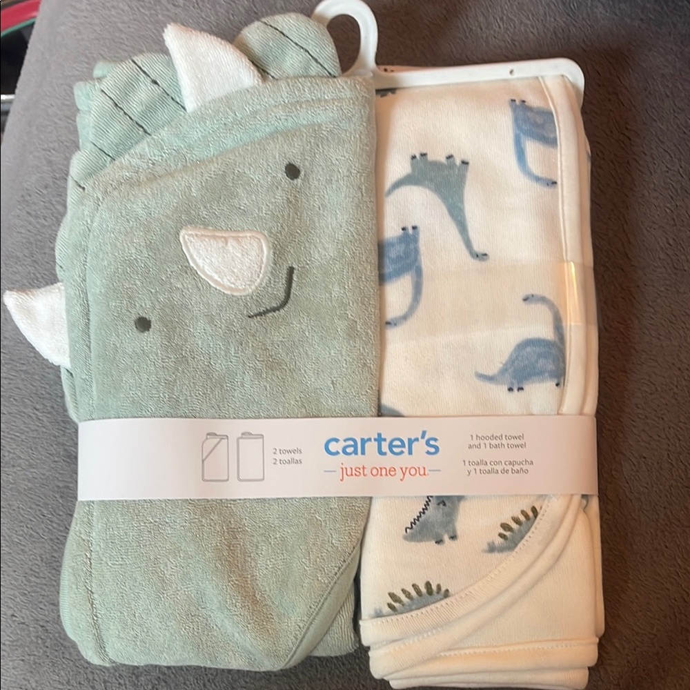 Carter's Green Dinosaur Hooded Towel Set new